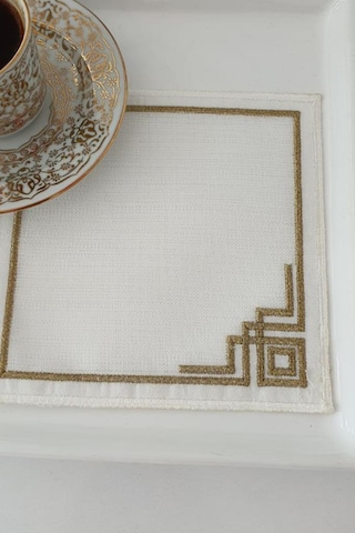 Köşe Nakışlı Keten Kare Bardak Altlığı Seti 6 Lı Kahve Kahverengi