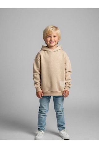 Zekids Erkek Çocuk Kapüşonlu Batik Desenli Sweatshirt-16394 Bej