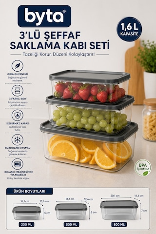 3'lü Dikdörtgen Gıda Saklama Kabı Seti 300 Ml + 500 Ml + 800 Ml Bpa Free Kapaklı Şeffaf Saklama Kabı Buzdolabı Uyumlu Karışık Renk Gönderilir Şeffaf