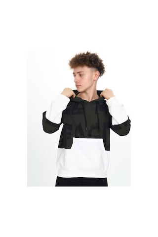 Çocuk Kapüşonlu Harf Desenli Kanguru Cepli Sweatshirt-14800 Haki