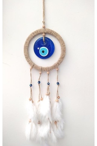 Hdmarketim Nazar Boncuklu Düş Kapanı Dreamcatcher Kuş Tüyü Duvar Beyaz