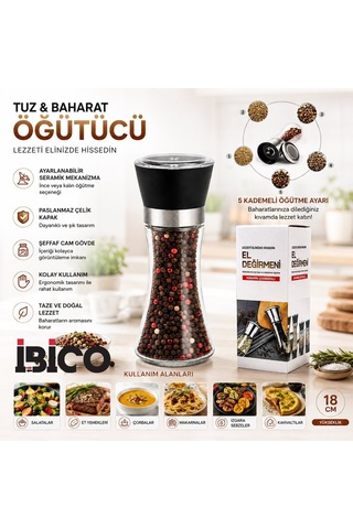 İbico İ22-409 Hand Grinder Tuz Ve Baharat Öğütücü - Büyük Boy Cam Hazneli Krom Belli