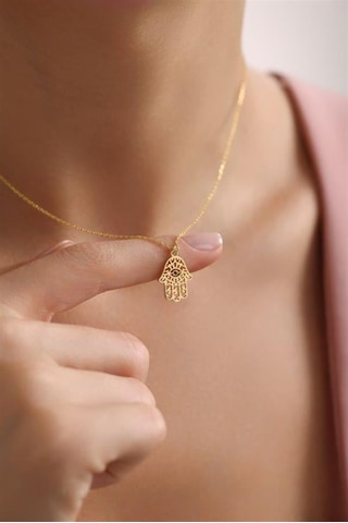 925 Ayar Gümüş Gold Kaplama Fatma Ana Eli Kolye