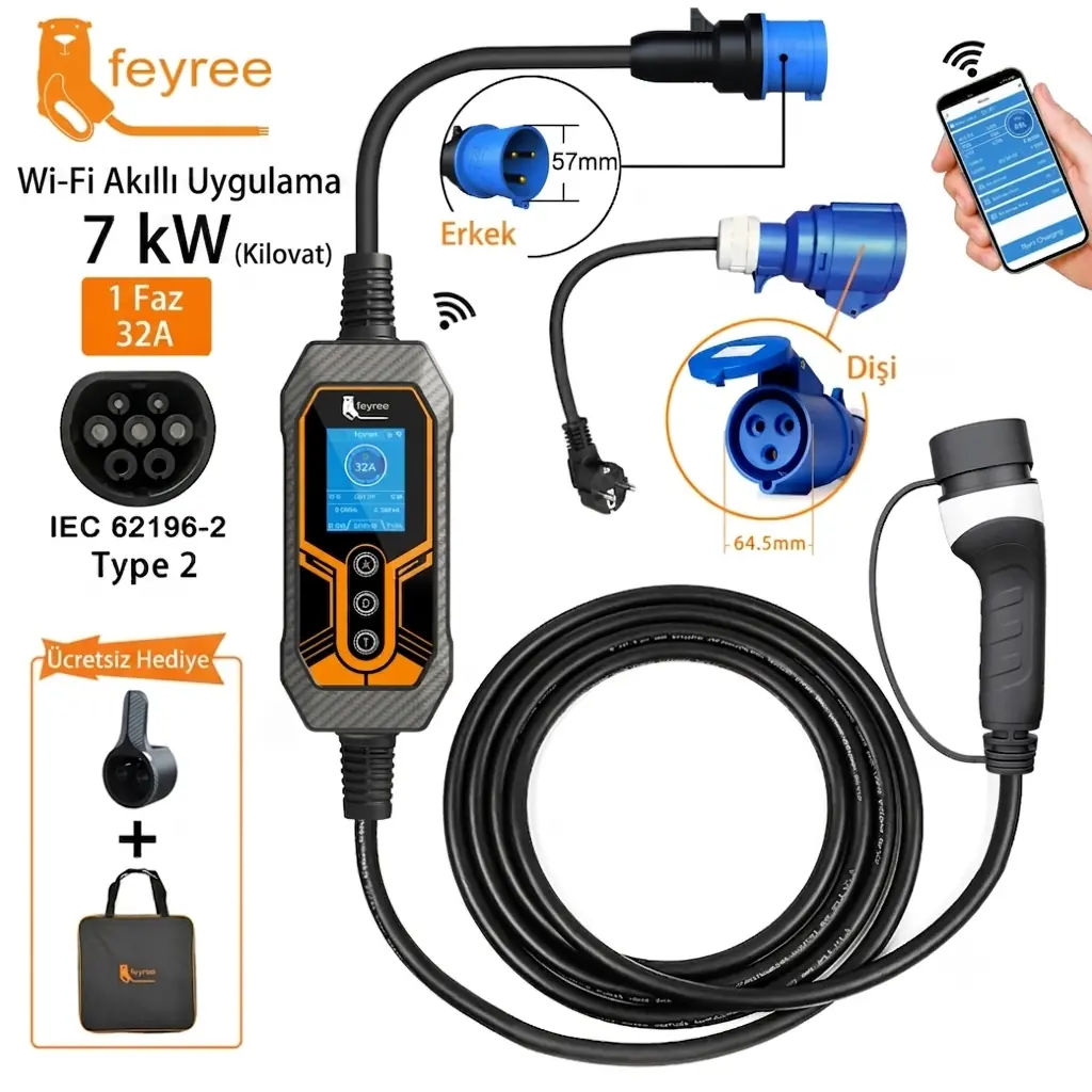 Feyree 32amper 1 Faz Tip-2 7kw Elektrikli Araç Şarj İstasyonu Wifi-app Özellikli 5metre 7,4 Kw