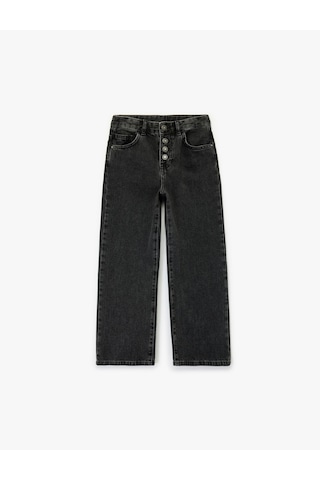 Koton Pamuklu Düğme Detaylı Beli Ayarlanabilir Lastikli Geniş Paça Denim Pantolon Siyah 7wkg40002ad