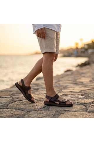 Fame Step Hakiki Deri Unisex Ortopedik Sandalet Yumuşak Taban Cırtlı Comfort Yazlık Günlük Terlik Acı Kahverengi