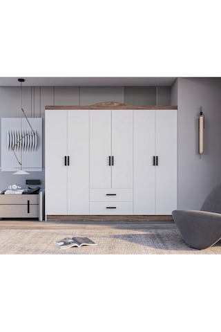 Bianca 6 Kapılı 2 Çekmeceli Gardrop Geniş Dolap & Elbise Dolabı Atlantik Çam & Beyaz Atlantik Çam - Beyaz
