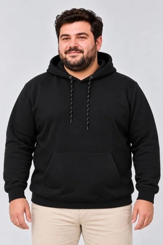 Zennamoda Erkek Battal Büyük Beden Üç İplik İçi Şardonlu Kapüşonlu Kanguru Cepli Kışlık Sweatshirt - Siyah