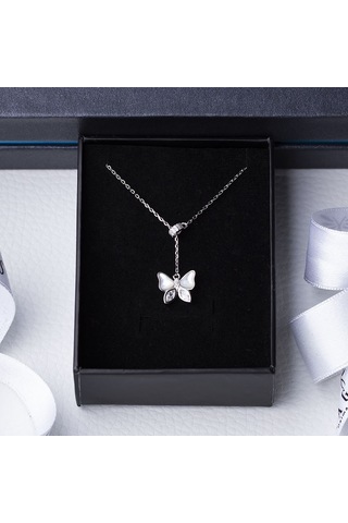 Kelebek Sedef Zirkon Taşlı Model 925 Ayar Gümüş Kadın Kolye Gümüş