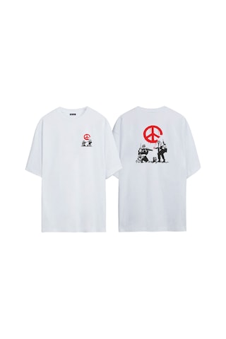 Thewert Unisex Graffiti Sokak Sanatı Tuval Ön Arka Baskılı Beyaz Oversize T-shirt