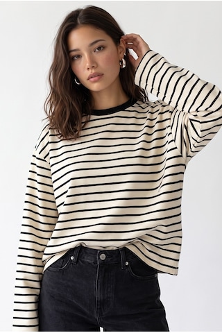 Mixray 2236 Çizgili Bisiklet Yaka Uzun Kol Oversize Sweatshirt Siyah