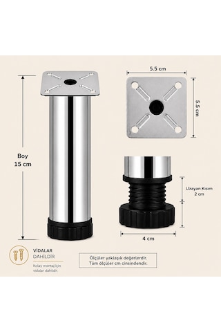 Metal Ayarlanabilir 15 Cm Krom Destek Ayağı Mobilya Kanepe Baza Koltuk Dolap Sehpa Tv Ünitesi Ayağı