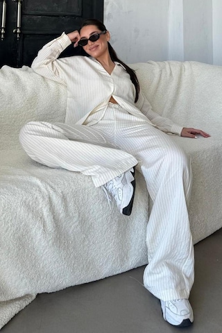 Madmext Ekru Uzun Kollu Çizgili Gömlek Pantolon İkili Takım Mg2329 Ekru