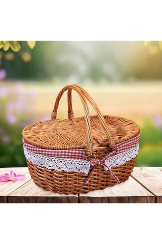 Homyl Piknik Sepeti Kırsal Pratik Hasır Depolama Park Açık Kırmızı Kareli