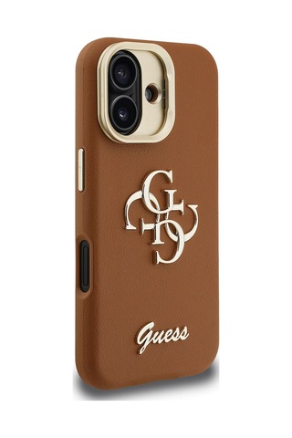 Apple iPhone 16 Uyumlu Kılıf Guess Lisanslı Grained Yazı Logolu Kamera Standlı Kapak Kahverengi