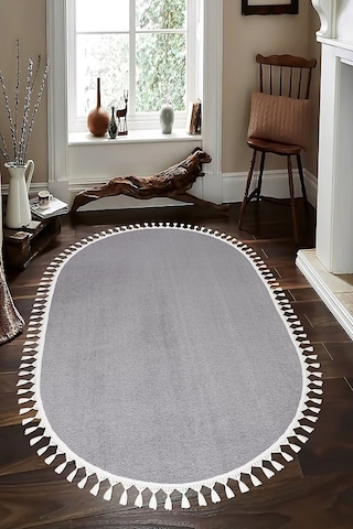 Vl Oval Comfort Overloklu Peluş Halı Beyaz Saçaklı Oval Gri