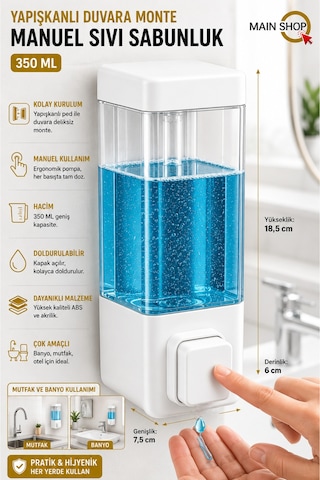 Mainshop 1 Adet Mutfak Banyo Otel Restoran Okul Hastane Uyumlu Şeffaf Hazneli Yapışkanlı Sabunluk 350 Ml M-53 Beyaz