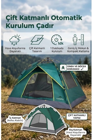 Kamptek Çift Katmanlı 6 Kişilik Otomatik Kamp Ve Deprem Çadırı Pratik Kurulumlu, Su Geçirmez Ve Güvenli Açık Hava Çadırı 200 250 150 Koyu Yeşil