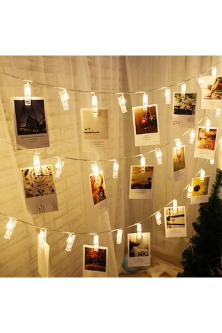 Mobgift Şerit Led Işıklı Fotoğraf Mandalları 3 Metre 20 Li Şeffaf Sarı