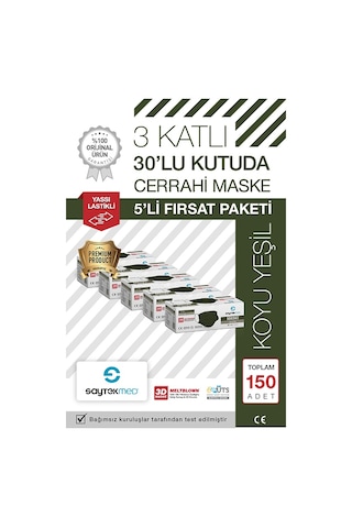 Saytekmed Meltblown Filtreli, Yassı İpli, 3 Katlı Koyu Yeşil Maske (150 Adet/5 Kutu)