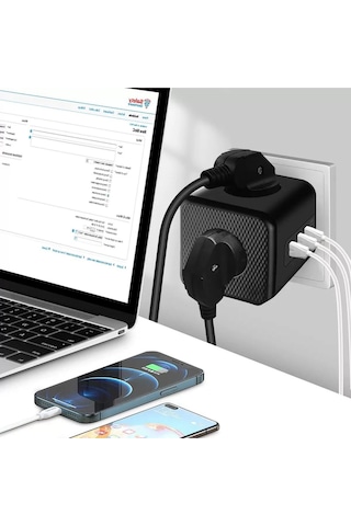 Termal Akım Korumalı Isıya Dayanıklı 3'lü Duvar Tipi Priz 2 X Usb 1 X Type C Çıkışlı 2 M