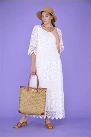 Eren Style İtalyan Sunshine İpek Detaylı Dantelli Elbise Beyaz