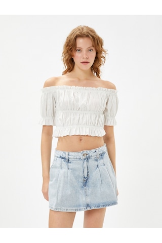 Koton Crop Madonna Yaka Bluz Omzu Açık Kısa Kollu Fırfırlı Dokulu Beyaz 3sal60230ıw 3SAL60230IW000 Beyaz
