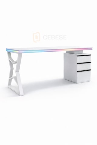 Bilgisayar Masası + Rgb Led - 170 65 77 Cm Kumandalı Ve Telefon Kontrollü Beyaz