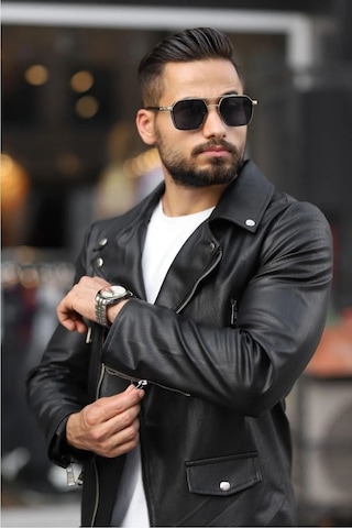 Prifaldi Erkek Biker Kemerli Deri Ceket Siyah