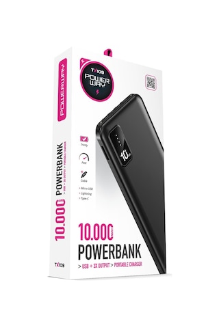 Powerway TX109 10.000 mAh Kablolu Dijital Göstergeli Dahili Stand Powerbank Siyah