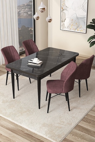 Canisa Concept Arp Serisi 70x110 Sabit Mutfak Masası Takımı Siyah Mermer Desen Masa 4 Gül Kurusu Sandalye Masa Siyah/ Sandalyeler Gülkurusu