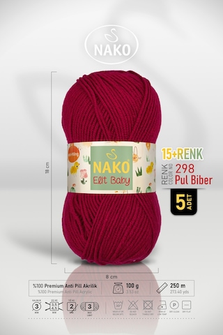 Elit Baby - 298 Pul Biber - 5'li Paket - 100gr/250m - Bebek İpi - Anti Pilling Tüylenmez İp