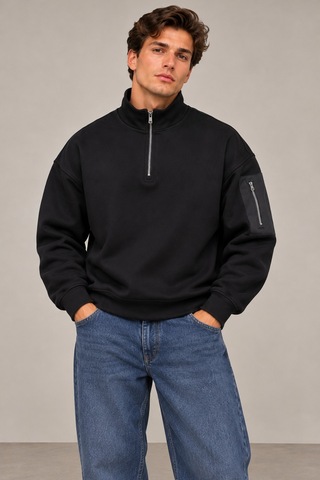 Cool Tarz Erkek Siyah Oversize Sweatshirt Yarım Fermuarlı Dik Yaka Kol Cepli 3 İplik Şardonlu Kışlık Sweat Siyah Siyah