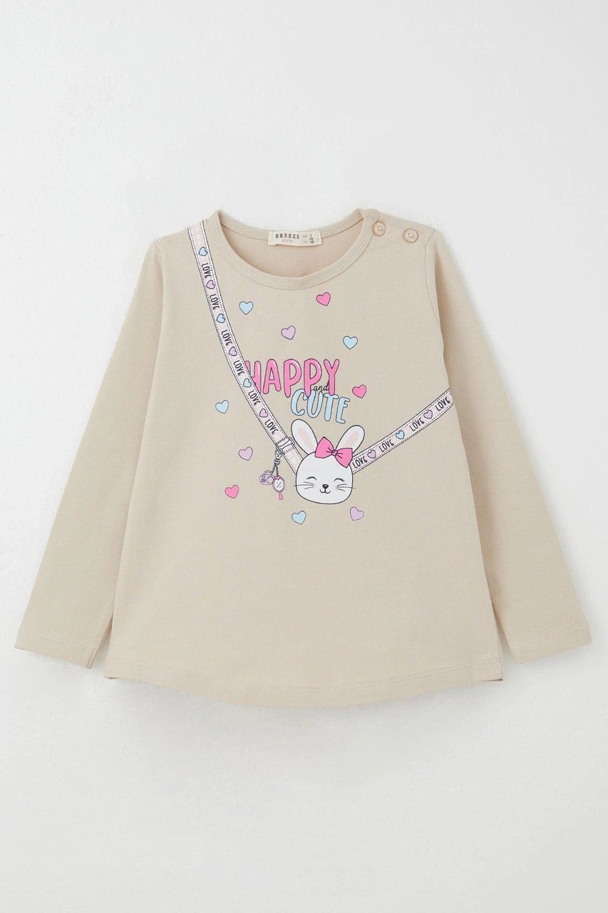 Breeze Kız Bebek Taytlı Takım Mutlu Tavşancık Baskılı Kalpli 9 Ay-3 Yaş, Bej Bej