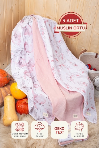 Luckka Dijital Baskılı 3'lü Müslin Örtü Seti - 75x75 Cm - Zt5000 Pembe Pembe