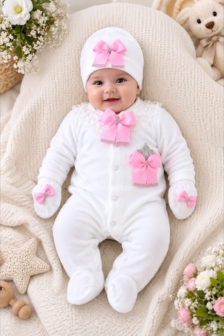 Sitilin Kız Bebek Kadife Kışlık Fiyong Taşlı Lüks Tulum Seti Premium Yenidoğan 0-3 Ay Stl7247 Pembe