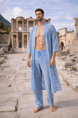 Qmen Style Erkek Güpür Dantel Kimono Takımı 3 Lü Dantel Set Bornoz + Pantolon + Şort Mavi
