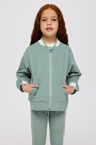 Panço Kız Çocuk Kolej Yaka Yakası Çizgili Fermuarlı Yeşil Sweatshirt