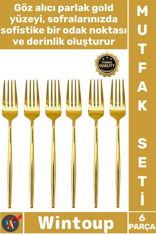 Çatal Lüks Şık Modern Tasarım Mutfak Sofra Paslanmaz Çelik Gold Renk 6 Parça Yemek Çatalı Seti