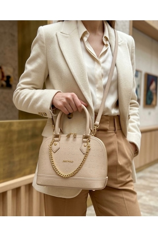 Just Polo Kadın Zincir Detaylı Lüks El Ve Omuz Çantası Shopper Ebat : 25x22 Cm Ekru