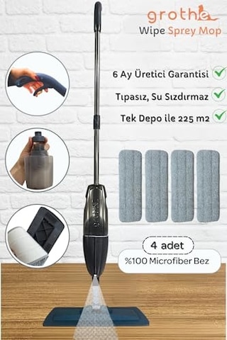 Grothe Wipe Sprey Mop Gri 4 Mop Bezli Tıpasız Sistem 700 Cc Su Hazneli Mikrofiber Parke Mermer Fayans İçin Üretici Garantili Açık Bej