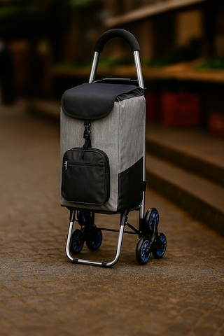 Sessiz 3 Tekerlekli Pazar Arabası Su Geçirmez, Fermuarlı Çantalı Gri