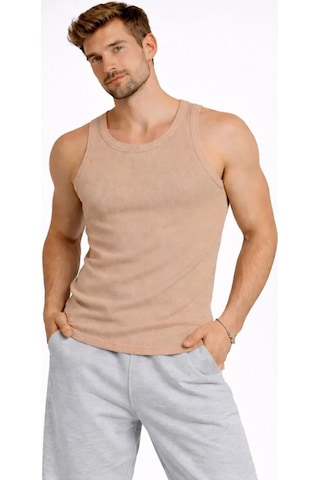 Tarzyeri Erkek Spor Slimfit Fitilli Kaşkorse Arka Basklı Atlet 2'li Set Kahverengi-beyaz