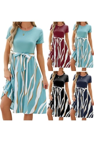 Novahub Yaz Kadın Bağcıklı Bel Çizgili Baskılı Midi Elbise, Düz Yuvarlak Yaka, Kısa Kollu, İnce A Kesim, Lacivert, Evet, Soğuk Su Yıkama Lacivert