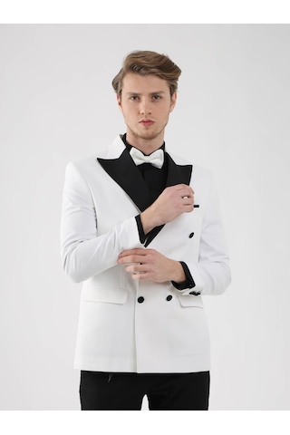 Dufy Ekru-Siyah Erkek Slim Fit Sivri Yaka Smokin Takım - 92441 Ekru - Siyah
