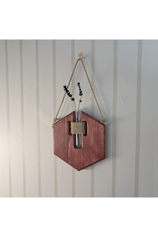 Tr Rustik Altıgen Ahşap Duvar Saksısı, El Yapımı Çam, 18x18 Cm, Cam Tüp Vazolu, İp Detaylı, Dekoratif Ev Akses Diğer 43240753