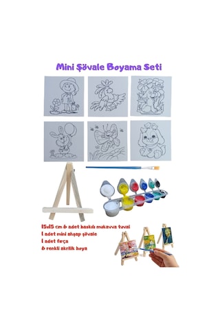 Mini Şövale Çizimli Resim Başlangıç Seti, Akrilik Boya, Fırça, Şövale Çocuk Hediye Ressam Seti