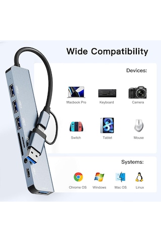 Type C Usb Hub, 8'i 1 Arada Usb 3.0 ,2.0, Type C Veri, 3.5 Ses, Sd/tf Kart Okuyucu