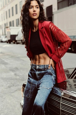 Armonika Kadın Kırmızı Yanları Dantel Vatkalı Oversize Tek Düğme Ceket Arm-26y001068
