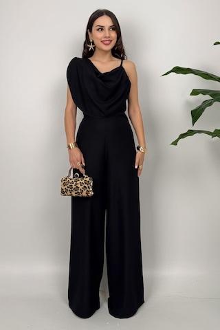 Élan Kadın Siyah Drapeli Detaylı Tulum Dokulu Kumaş Şıklığı Siyah